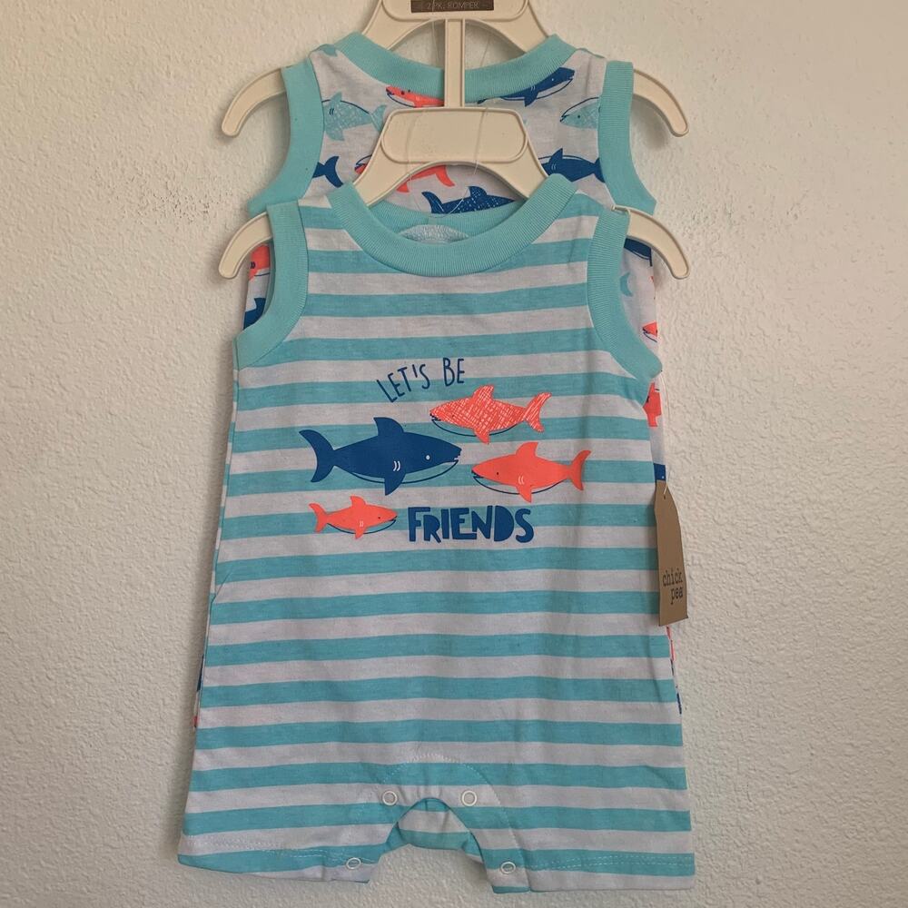 NWT Chick Pea Striped Shark Friends‎ Romper Set in Blue